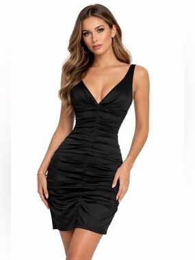 Xscape by Joanna Chen Black Ruched V-Neck Bodycon Cocktail Evening Party Dress